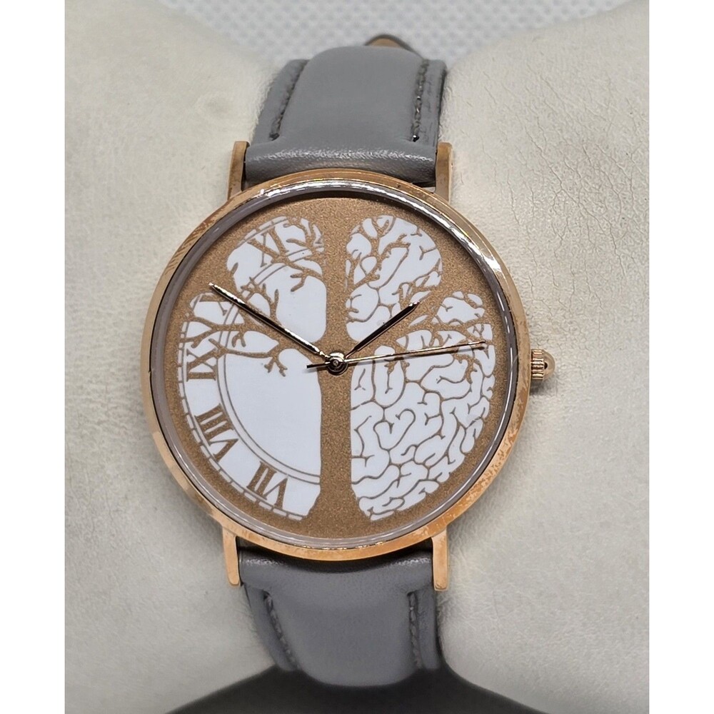Women's Time Peace Tree of Life Rose Gold Tone Gray Leather Strap Watch 13 - Picture 1 of 9